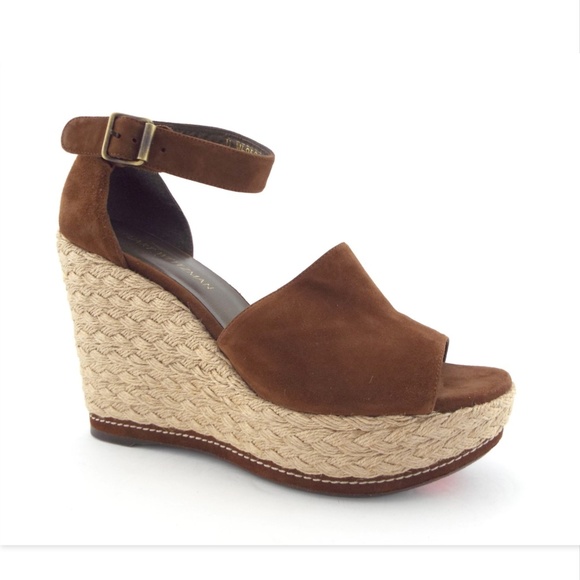 New Stuart Weitzman Saddle Brown Suede Espadrille Wedge Heel Sandals 10.5 - Picture 2 of 8
